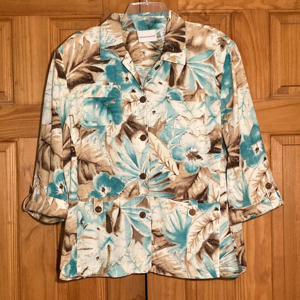 EUC Alfred Dunner Vintage 90s Jacket 3/4 Sleeve Top Blouse Brown Green Size 16